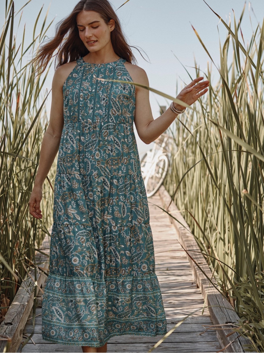 J.Jill XS Petite Teal Paisley Tiered Halter Maxi Dress Boho Pintuck Floral